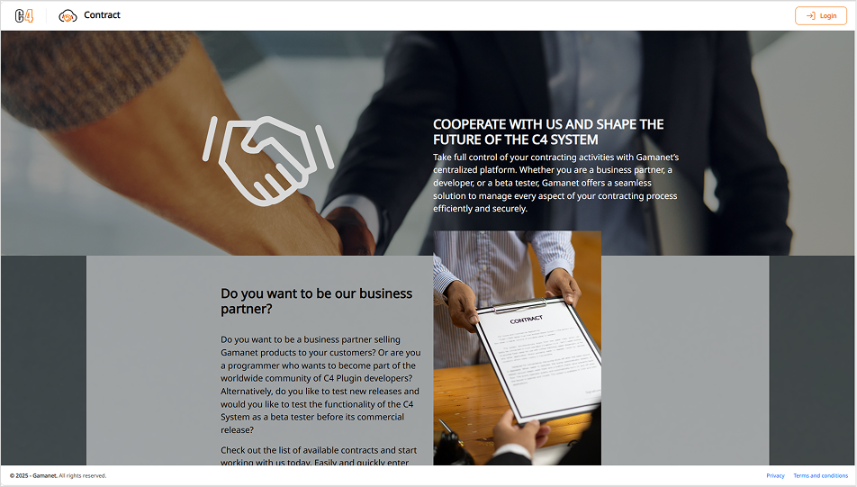 Figure 1 Contract Web landing page with Login and Register actions for prospective Gamanet partners.