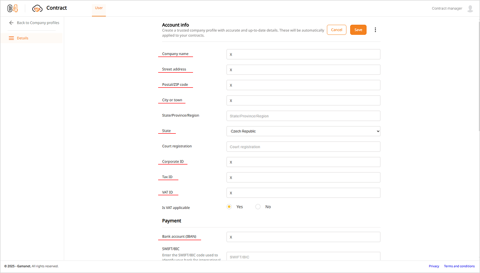 Figure 2 Company registration form showing legal-entity, address, tax, VAT, and bank-account fields.