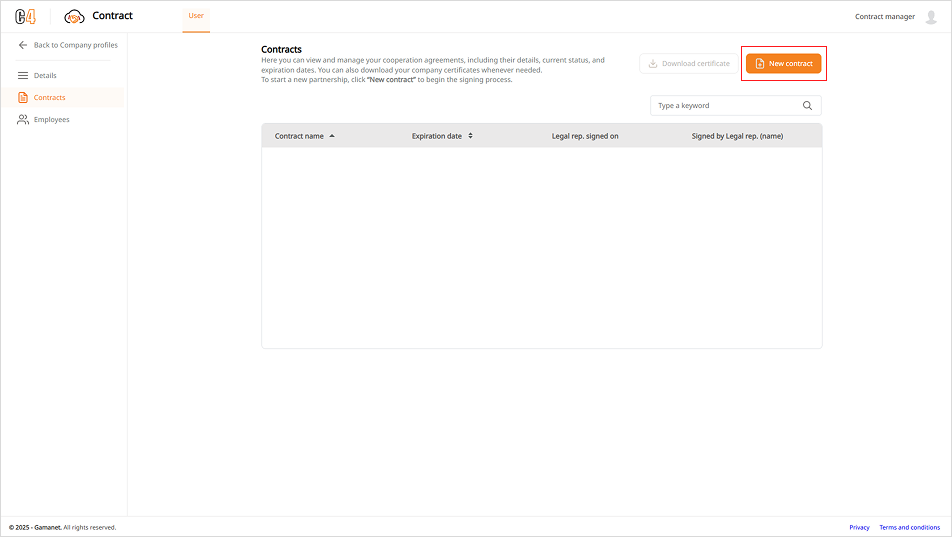 Figure 3 Contracts page with the New Contract action highlighted.