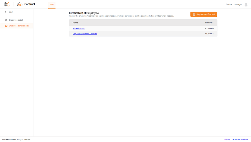 Figure 10 Certificate list showing employee certificates available for selection and download.