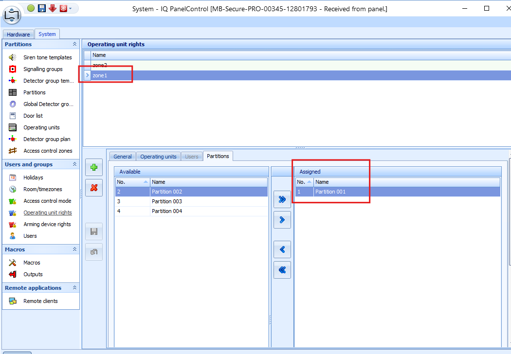 IQ Panel Control partition assignment view showing the partition assigned to an operating unit. IQ Panel Control partition assignment view showing the partition assigned to an operating unit.