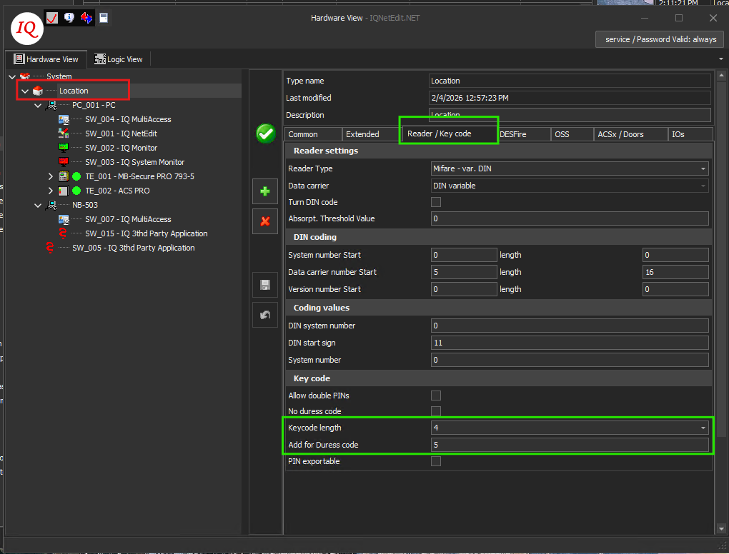 IQ Net Edit location settings showing key-code length and hold-up or duress-code configuration. IQ Net Edit location settings showing key-code length and hold-up or duress-code configuration.