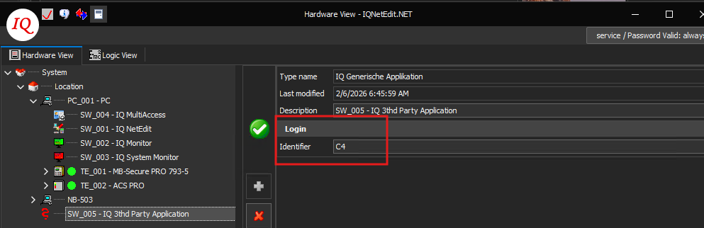 IQ Net Edit properties showing the login identifier used for the C4 Bus Controller connection. IQ Net Edit properties showing the login identifier used for the C4 Bus Controller connection.