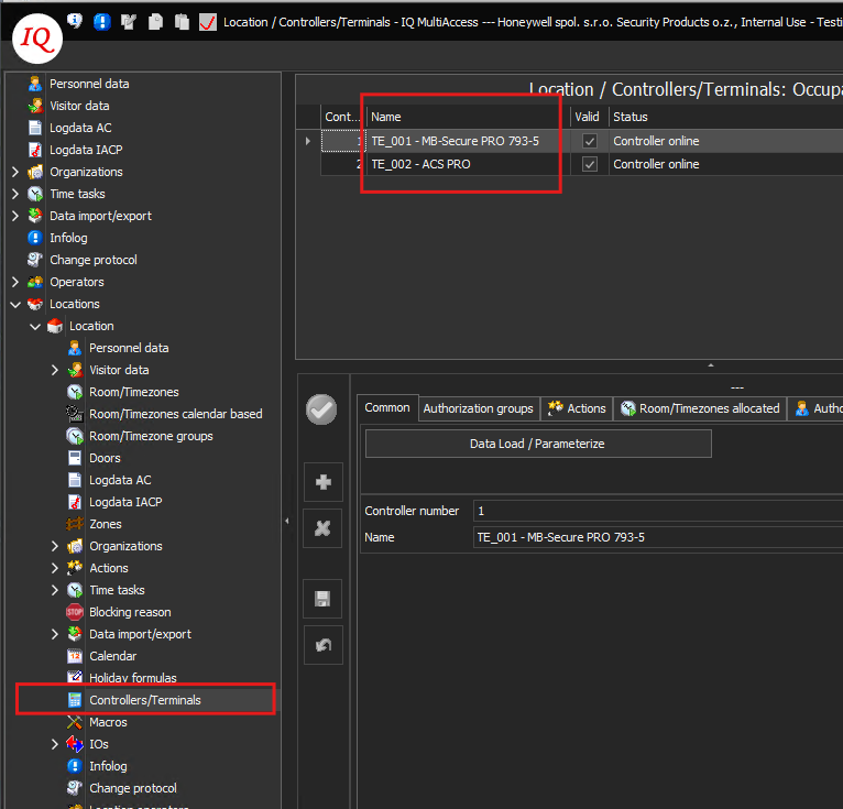 IQ Multi Access view showing controller and terminal names used as Original Device Name values for Access Panel and MB Secure Panel nodes.
