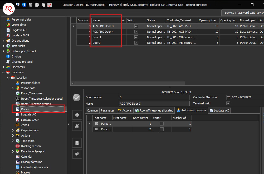 IQ Multi Access Doors view showing door names used as Original Device Name values in C4.