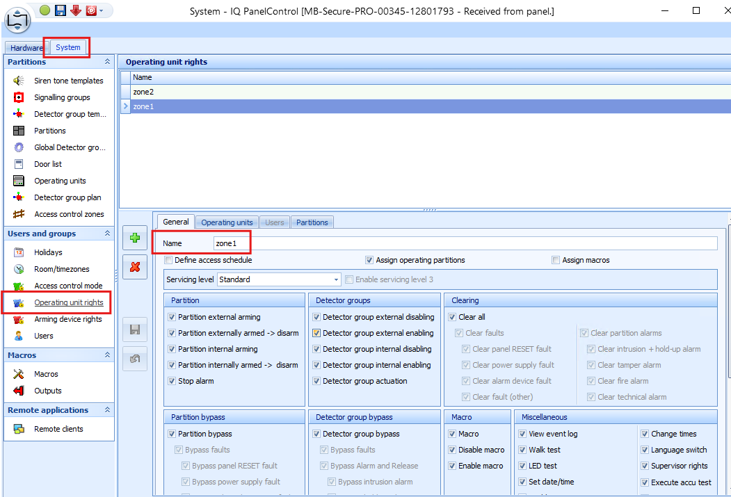 IQ Panel Control Operating unit rights view showing the operating-unit name used for partition mapping.
