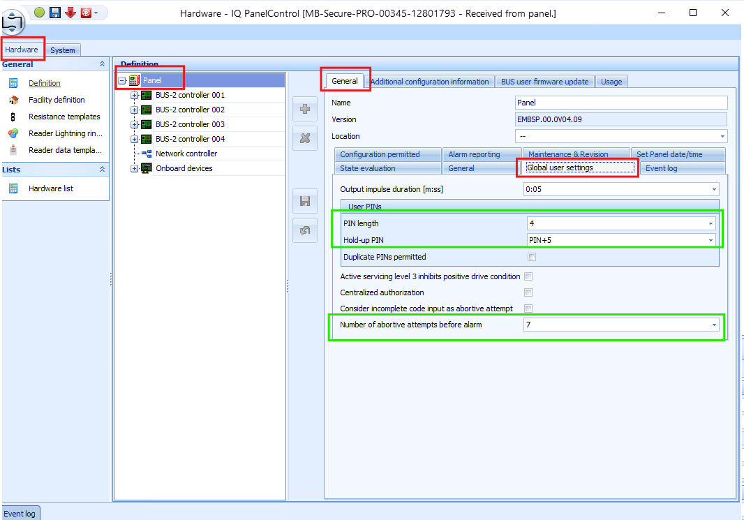 IQ Panel Control Global user settings showing PIN length, hold-up PIN and abortive-attempt configuration.