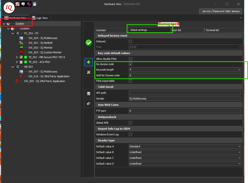 IQ Net Edit global settings showing key-code defaults and duress-code configuration.