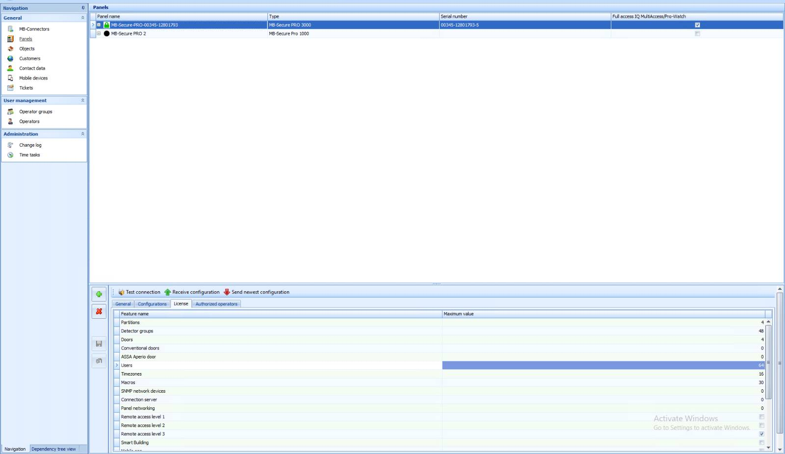 IQ Panel Control license view showing device memory and user-capacity limits.