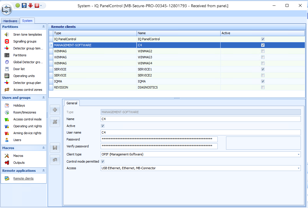 IQ Panel Control Remote Clients configuration showing an active MANAGEMENT-SOFTWARE client for C4.