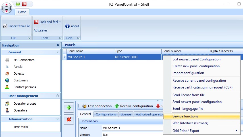 IQ Panel Control Shell menu path to Panels, Service Functions.