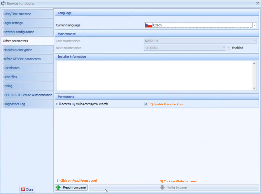IQ Panel Control Service Functions view showing the IQ-MultiAccess full-access option and Read from panel and Write to panel controls.