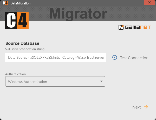 Figure 2. DataMigrator source database connection page.