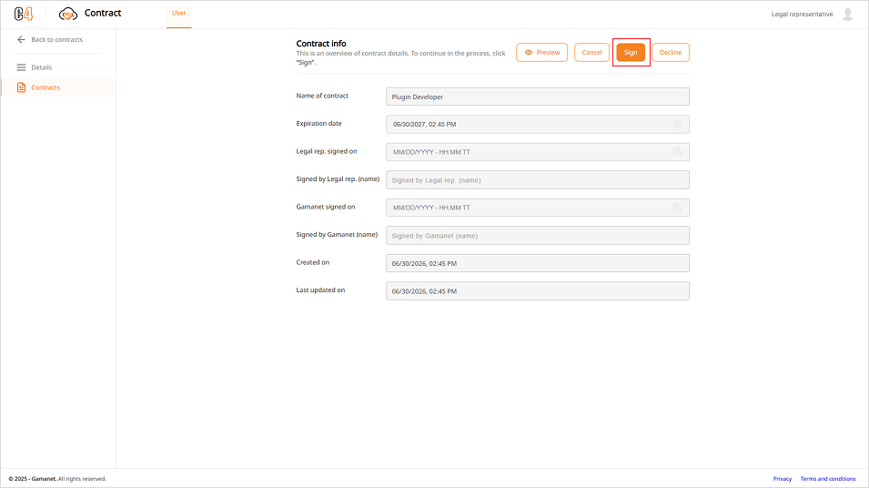 Figure 4 Contract details page with the Sign action highlighted for the Legal Representative.