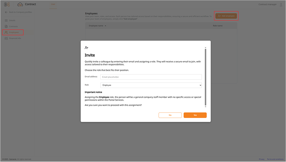 Figure 7 Invite Employee dialog showing the email and role fields.