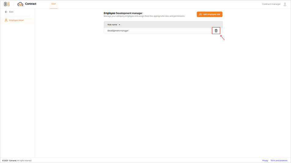 Figure 8 Employee role page with the delete icon highlighted.