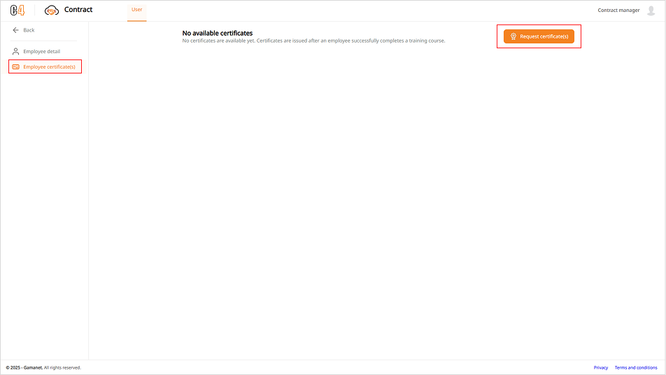 Figure 9 Employee Certificates page with the Request certificate action highlighted.