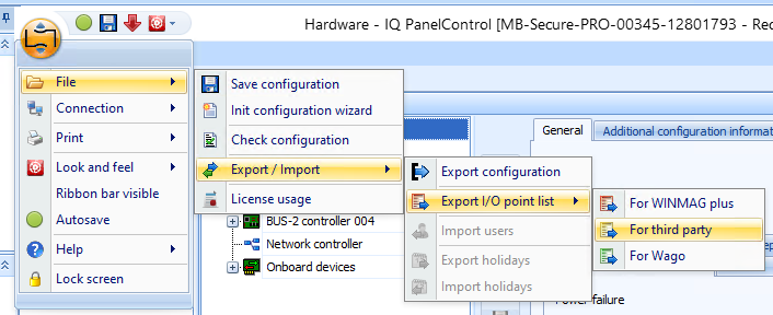 IQ Panel Control menu path for exporting the I/O point list for third-party software as an OPIF file. IQ Panel Control menu path for exporting the I/O point list for third-party software as an OPIF file.
